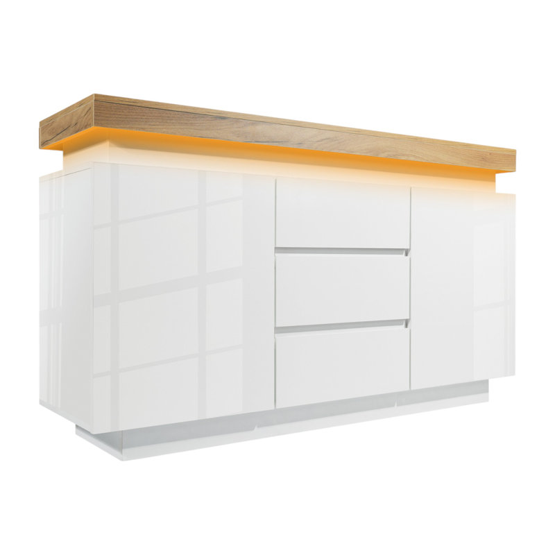 White High-Gloss Sideboard With 2 Doors And 3 Drawers,Storage With RGB LED(App-Controlled) Multi-Purpose Cabinet
