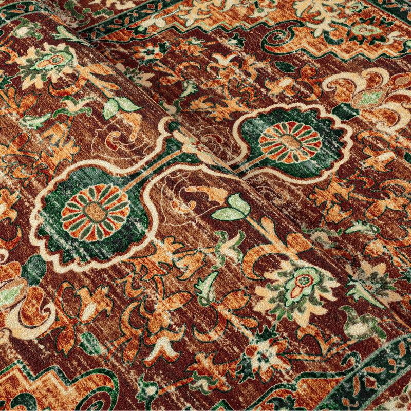 Boho Oriental Area Rug Non-slip Washable Low Pile Carpet, Brown/Red/Orange/Green, Rectangle 5'× 7'