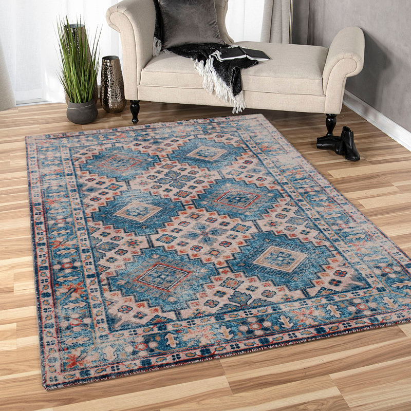 Tapis oriental bleu / beige / gris touffeté Oriental, Rectangle 5 pi x 7 pi
