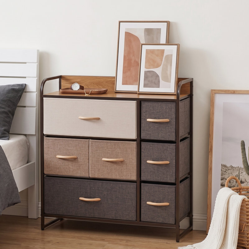 Organisateur de rangement à 3 niveaux avec 7 tiroirs en tissu, tour de rangement à plateau en bois d'érable pour chambre et entrée