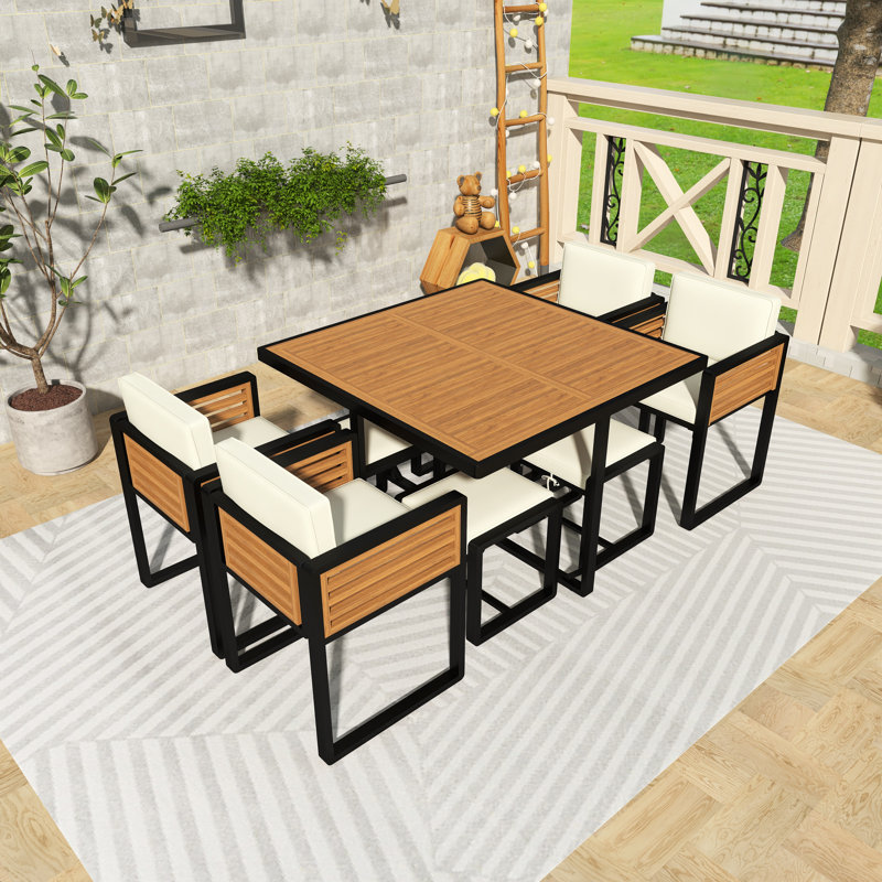 Ensemble repas d'extérieur carré 9 pièces avec coussins 9 pièces, Beige
