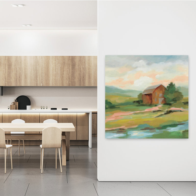 Art contemporain pastel carré pastel avec grange, H 48 po x l 48 po