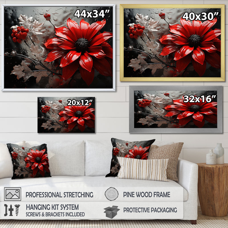 «Red Grey Botanical Symphony II», art mural botanique abstrait, H 16 po x l 32 po x P 1 po, Cadre flottant doré