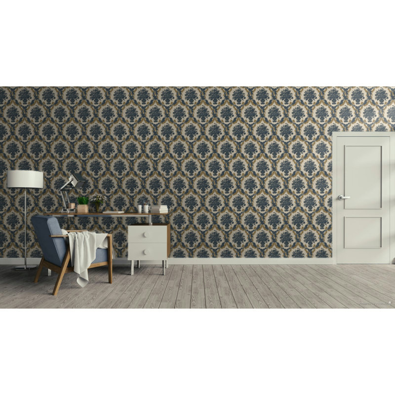 Italian Classics 4 Floral Baroque Damask 3D Embossed Wallpaper Roll, Navy