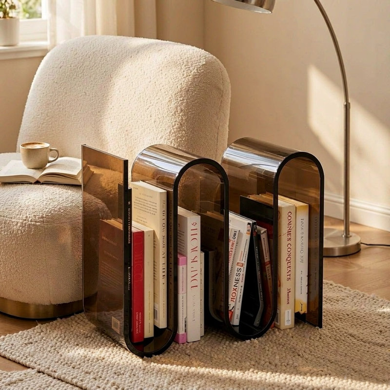 Table de bout en acrylique et bibliothèque en un, table de bout en S de 19,7 po avec tablettes de rangement, table d'appoint moderne pour la chambre du salon, porte-revues brun pour les petits espaces