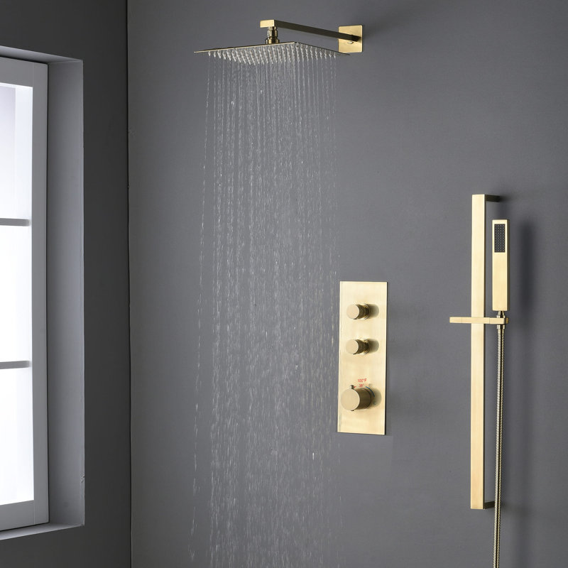 Système de douche complet thermostatique de luxe avec valve brute, Or brossé