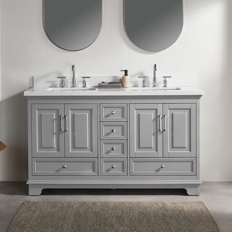 Meuble-lavabo double autoportant de 60 po avec pierre artificielle entièrement assemblé, Gris