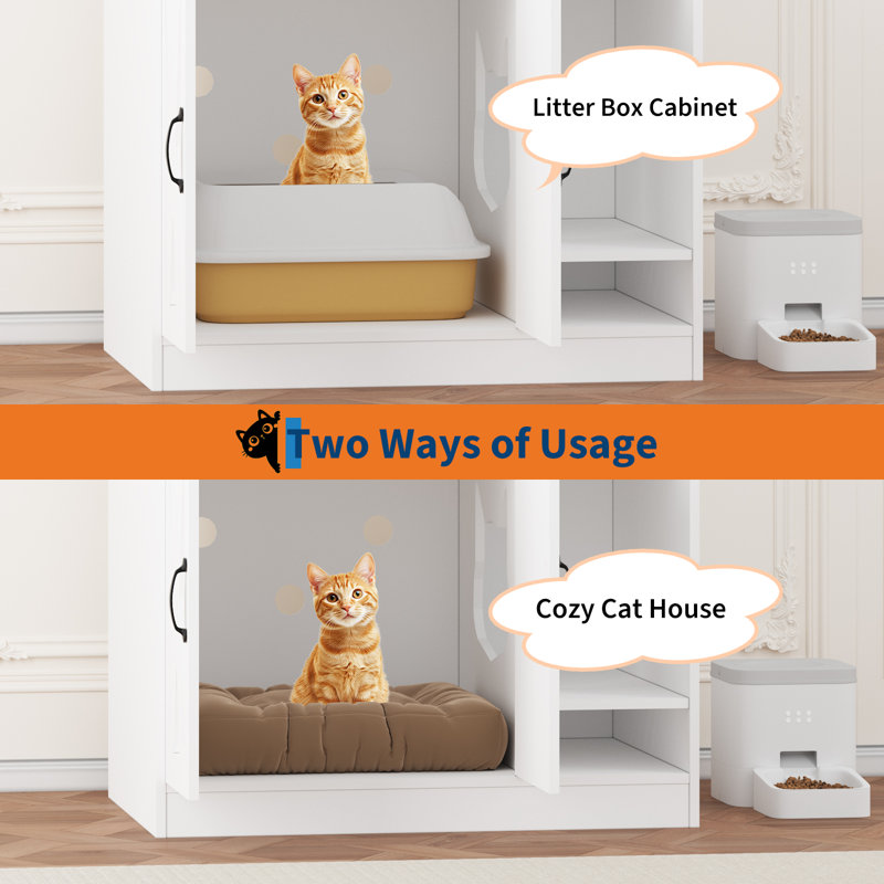 Double bac à litière pour chat, toilette cachée en bois avec rangement, ventilée, blanc, Blanc