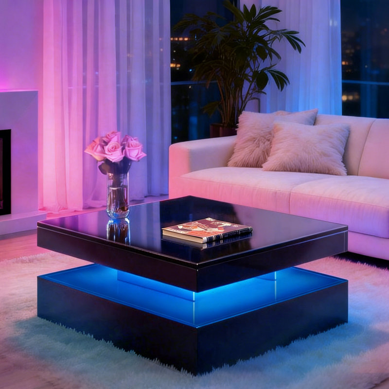Modern High-Gloss Coffee Table with 16-Color LED Lights & Sliding Drawers for Living Room, Black, 1