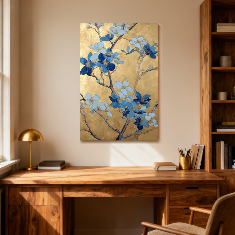 Plantes et fleurs, fleurs bleues sur fond doré, reproduction d'art