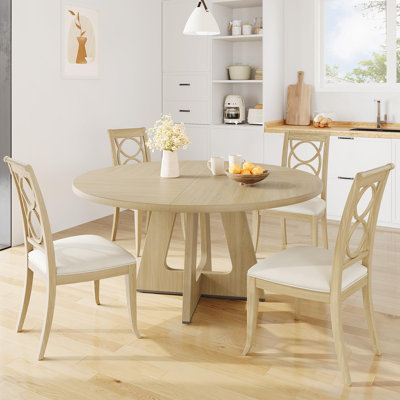47-Inch Round Large Dining Table, Wooden Kitchen Table Set for 4 to 6, Farmhouse Dinner Table with Wooden Top and Legs for Home Dining Room or Living by Ophelia & Co.
