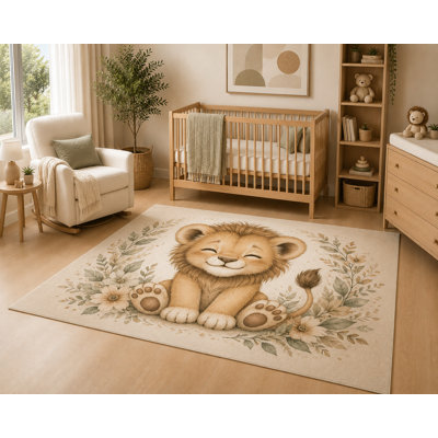"Ultra Thin" 5' x 7'Smiling Baby Lion Area Rug, Soft Low Pile Indoor Rug with Non-Slip Silicone Backing, Cute Safari Animal Carpet for Baby Room, Nursery, Kids Room, Playroom, Beige Brown