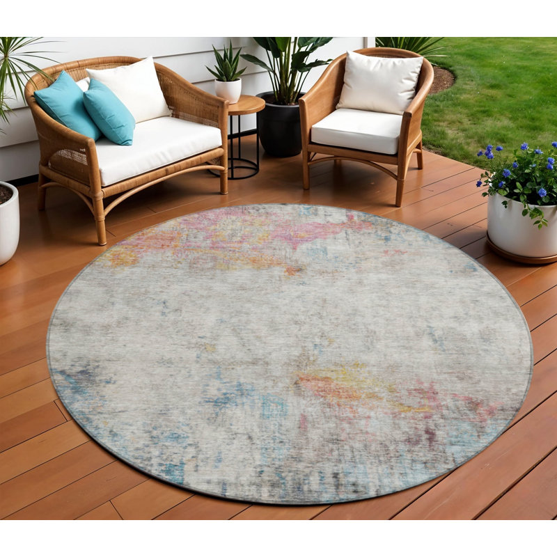 8' Teal Blue Round Abstract Washable Indoor Outdoor Area Rug