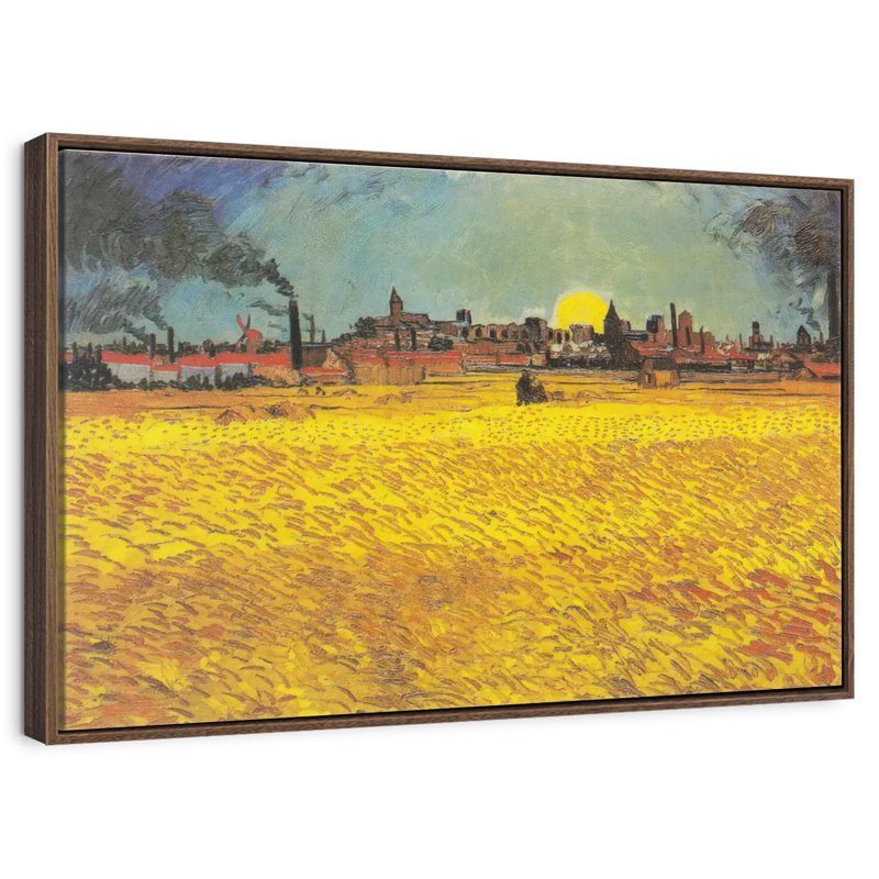 Champ de blé au coucher du soleil, 46 po x 31 po, Cadre flottant en noyer