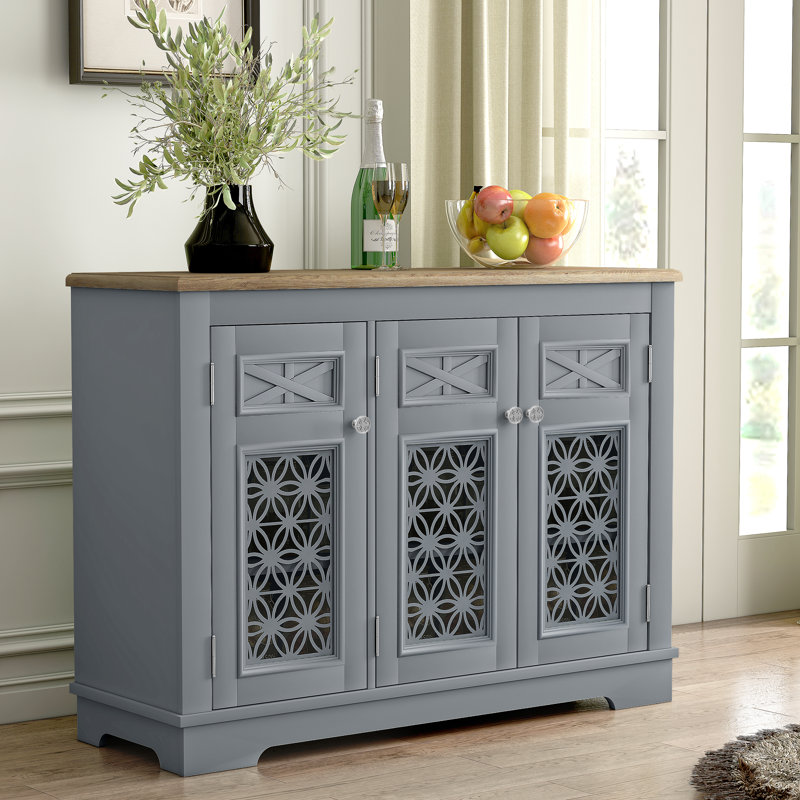 Grey 3 Door Hollow Carved Glass Storage Sideboard, Farmhouse Wood Top Buffet Cabinet with Adjustable Shelves, Decorative Credenza Server Cabinet for Dining Room Kitchen
