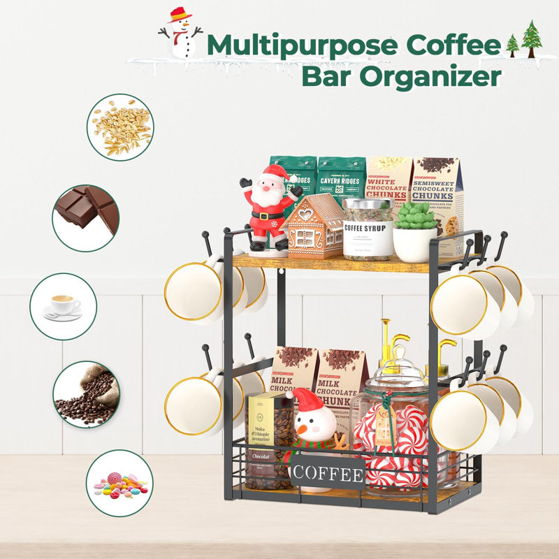 2 Tier Coffee Bar Organizer Countertop Station Shelf For Home Office, Multi-Functional Coffee Mug Cup Holder Stand, Accessory Storage Rack With 12 Hooks, Space-Saving Coffee Nook Enhancer