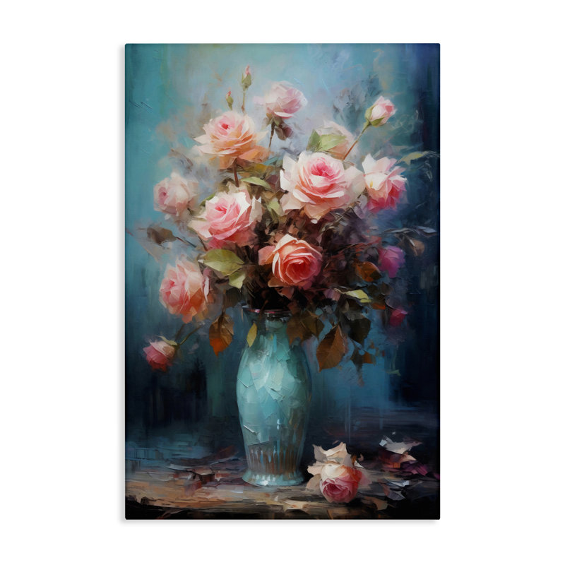Vase bleu avec toile roses roses, design par LSR Creative Studio, H 24 po x l 16 po