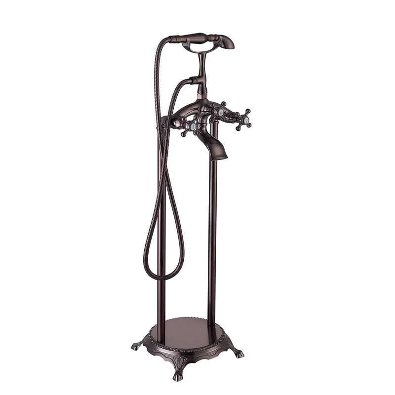 Triple Handle Floor Mounted Tub Filler With Handshower, Oil Rubbed Bronze