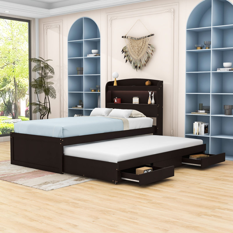 Tienna Twin XL Wooden Platform Bed with LED Headboard, Twin Trundle and Storage Drawers, Dark Brown