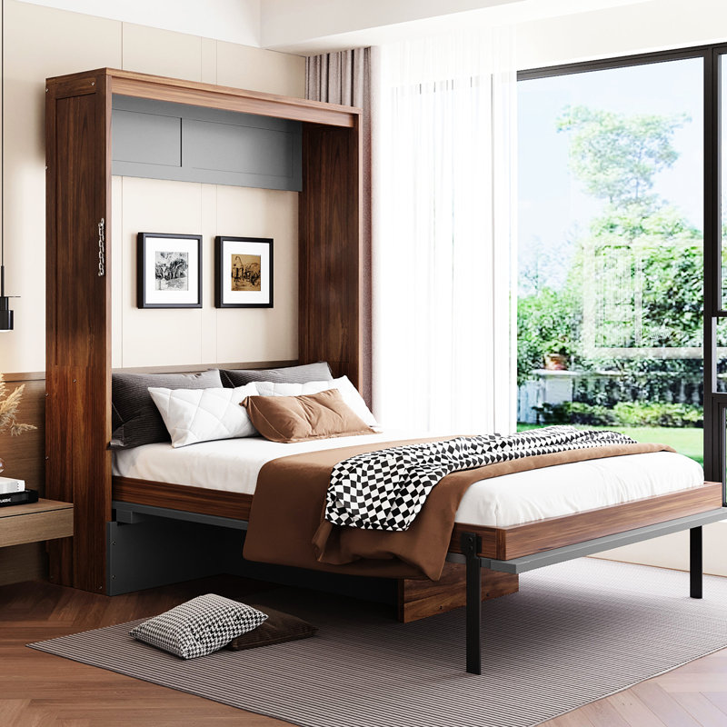 Lit double avec bureau pliable, style noyer et gris, parfait pour les chambres d'amis et les petits appartements, panneaux faciles à entretenir, espace de travail intégré, finition idéale