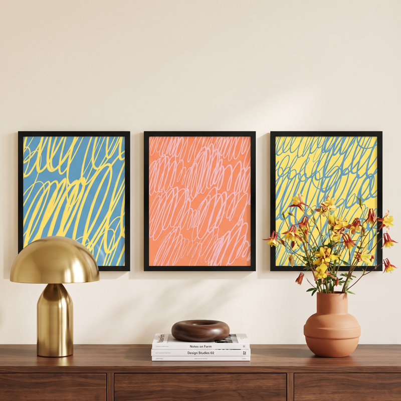 " Color Squiggles " by Jacques Pilon 3 - Pieces, Black Single Structure Framed Paper, 38" H x 90" W x 1.25" D