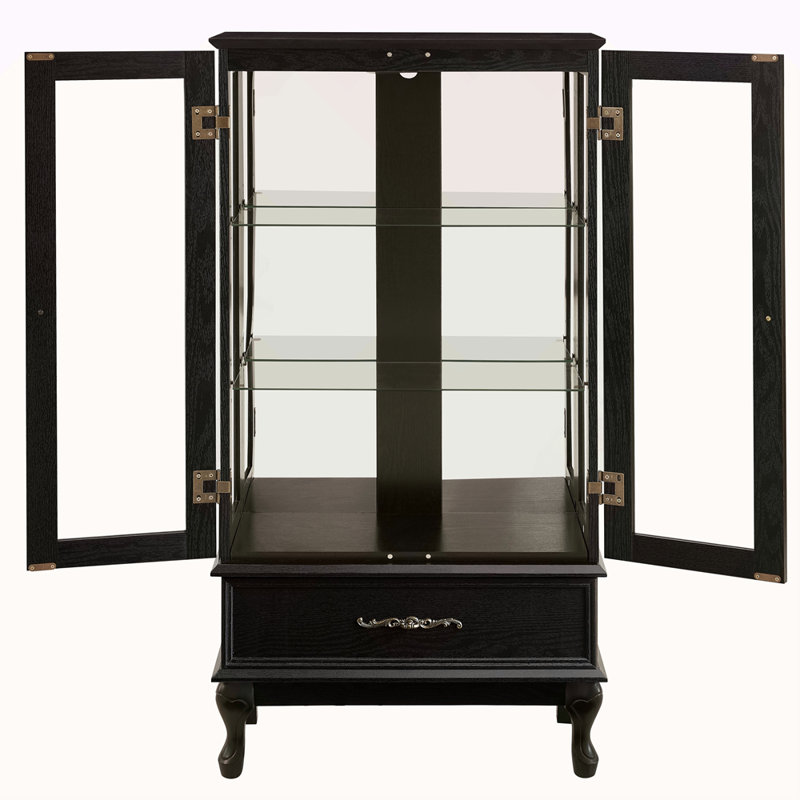 Vitrine lumineuse avec portes vitrées et tablettes réglables Vitrine vitrée 2 portes avec lumières DEL Finition et tiroir noir pour la décoration intérieure et le rangement