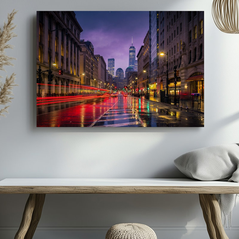 Toile «Bustling Cityscape At Dusk» avec toile large bordée de gratte-ciels modernes et bâtiments classiques, art mural sur toile