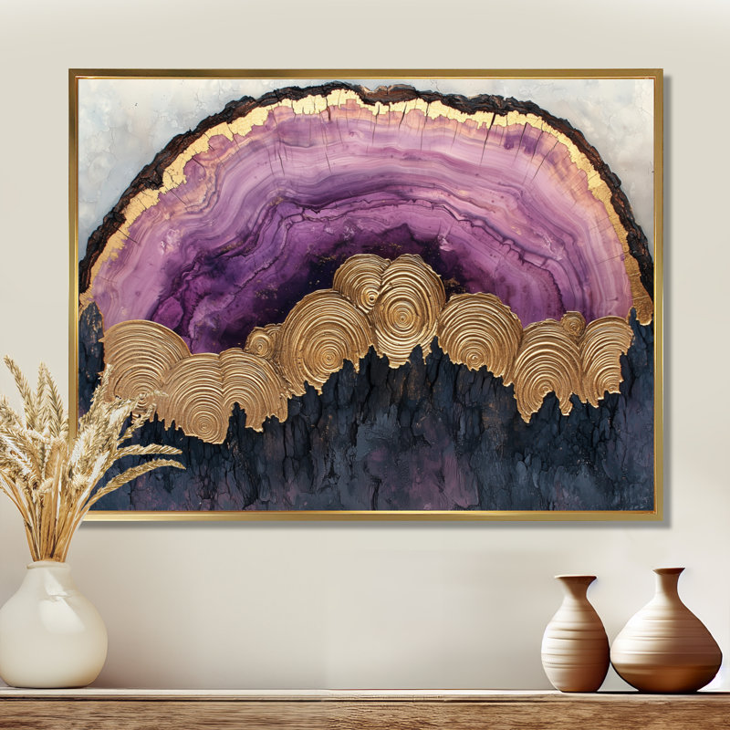 Forêt, rivière de cristal améthyste III - forêt, art mural, H 30 po x l 40 po, Cadre flottant, Doré