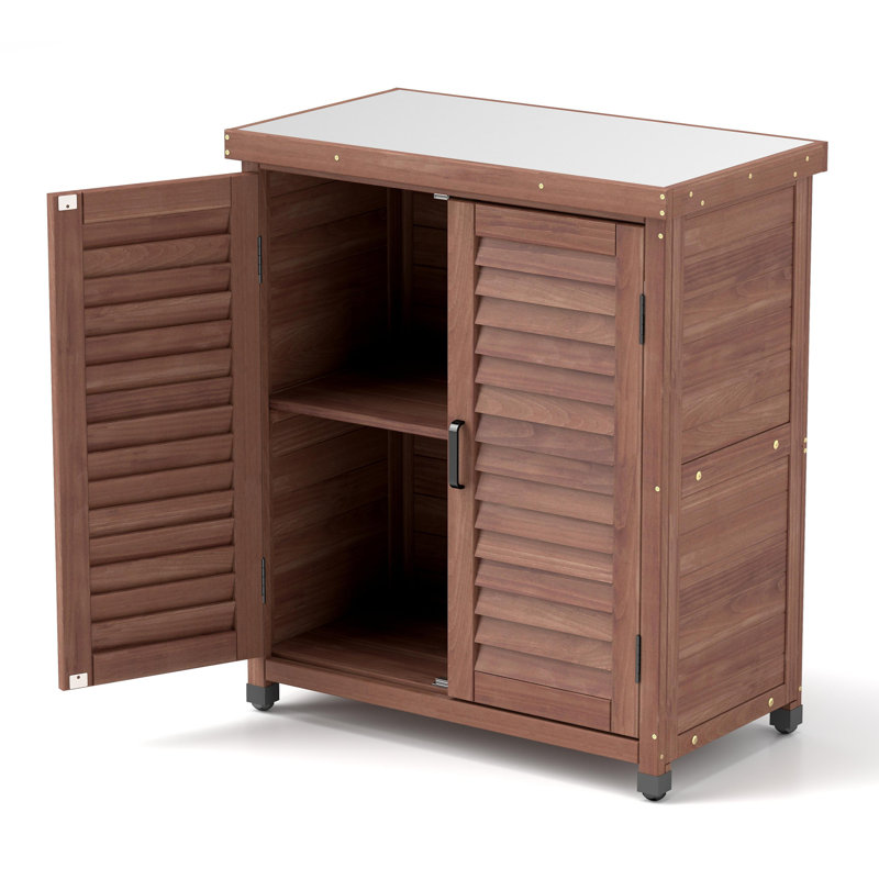 Banc de rempotage avec armoire de rangement et plateau de table en métal, Brun
