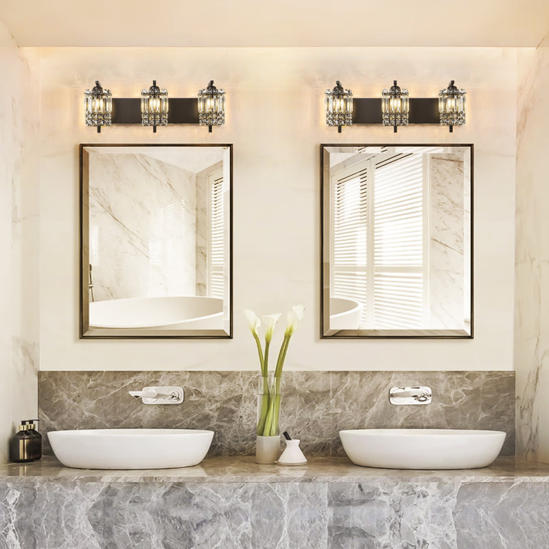Éclairage pour salle de bain 3 lumières DEL à intensité variable avec détails en cristal, Noir mat