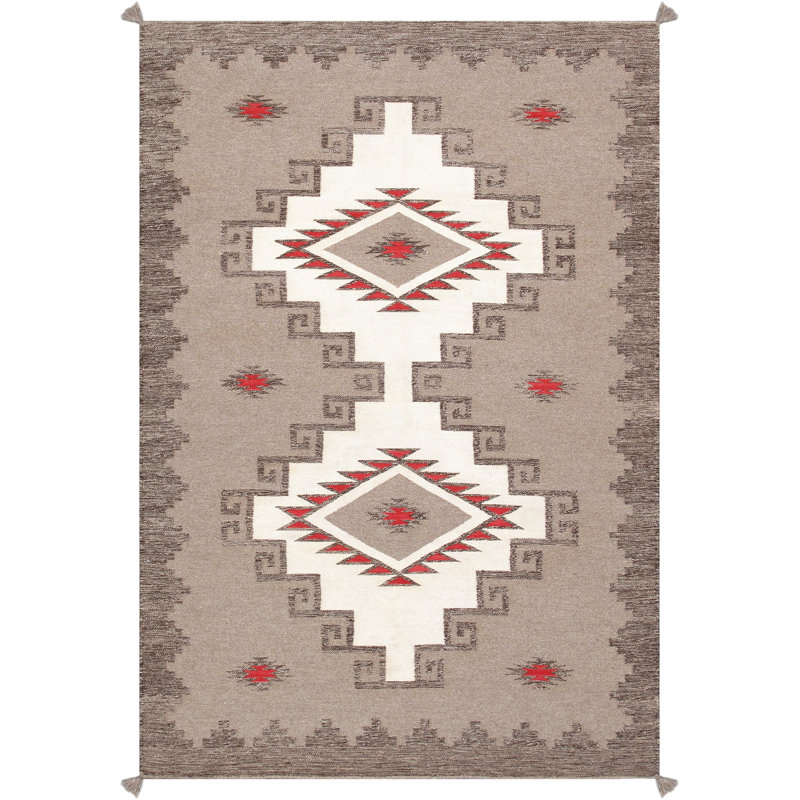 Tapis brun / rouge / blanc en laine tissé à plat à la main Tuscany Southwestern, Rectangle 5 pi x 7 pi