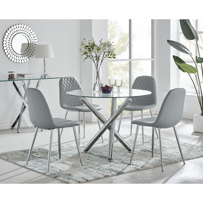 Eubanks Modern Glass And Chrome Round Dining Table Set With 4 Luxury Faux Leather Dining Chairs