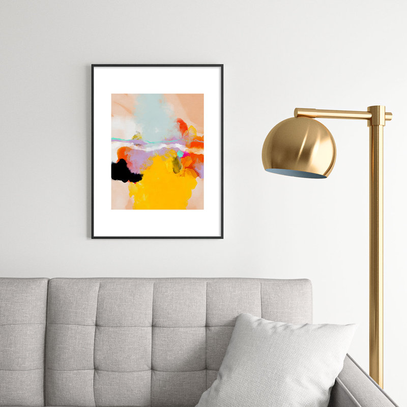 Abstrait jaune rosé encadré sur papier, Noir, H 24 po x l 18 po