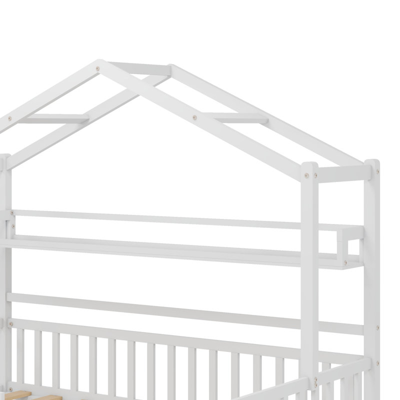 Lit maison avec lit gigogne et tablette, Blanc, Double