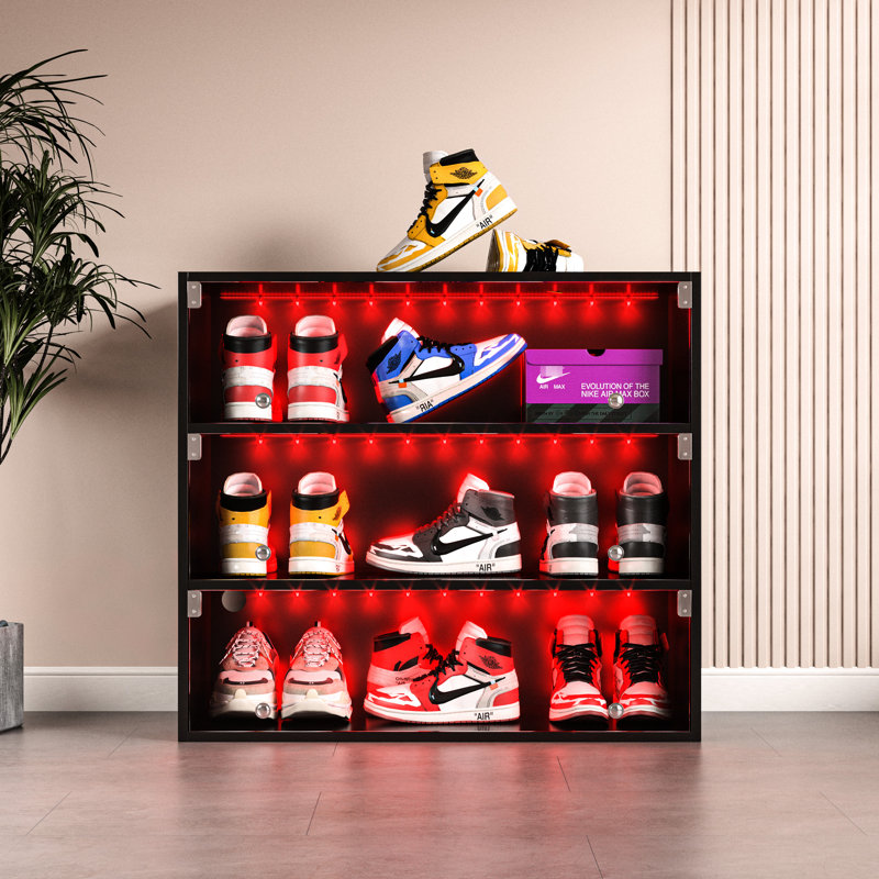 Black Led Shoe Box Cabinet With Glass Doors - Wood Manufactured, Stores 9 Sneakers, Stackable, Remote Controlled Lights, Freestanding, American Design Opulence And Lights Controlled, Concept