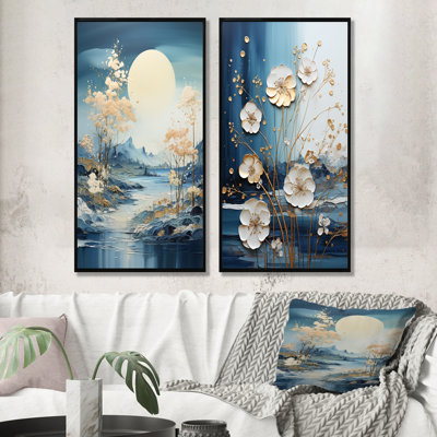 «White and Blue Flower», encre liquide IV - paysage moderne, ensemble d'art mural sur toile