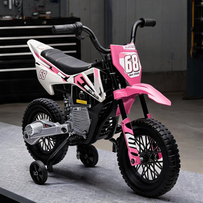 Motocyclette électrique classique rose pour enfants avec roues d'entraînement, suspension arrière et deux moteurs de 12 V pour les enfants en plein air