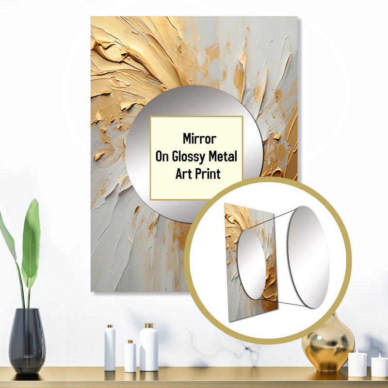 Pancoast Gold And Beige Soft Wave Paint - Abstract Shapes Decorative Mirror, Modern Wall Mirror, Printed Metal Art, 32" x 24"