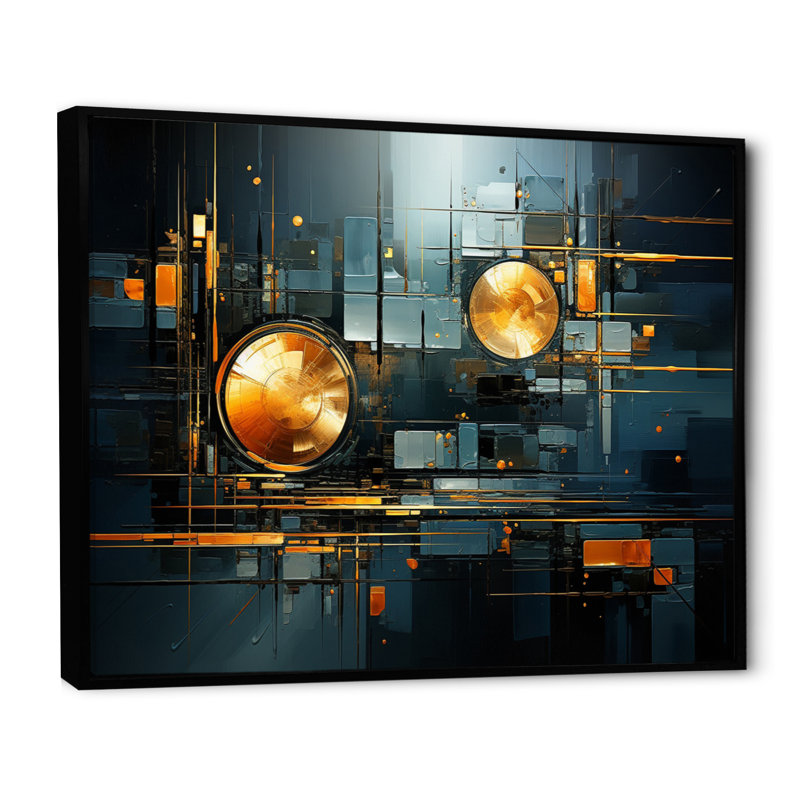 Collage abstrait sarcelle doré, reflets I - impression, Cadre flottant noir, H 16 po x l 32 po x P 1 po