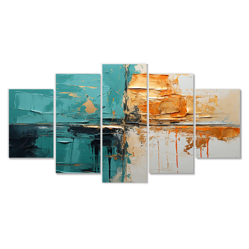 «Adventure in Turquoise Orange» - ensemble d'art mural abstrait 5 pièces, H 32 po x l 60 po