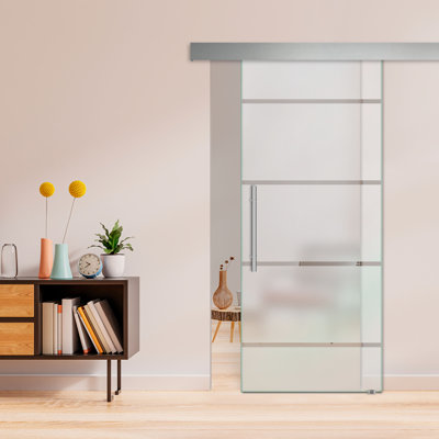 34" X 80" Sliding Glass Door ALU100 Privacy Glass Bathroom or Room Divider with Sandblasted Finish
