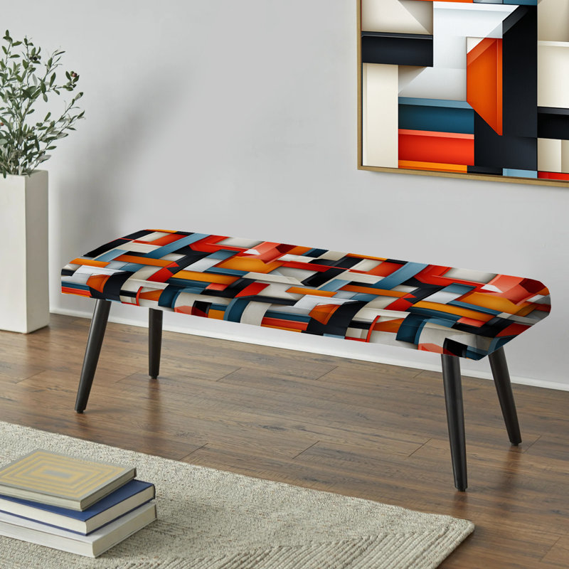Red Industrial Matrix Cubic Reflections - Geometric Upholstered Black Bench