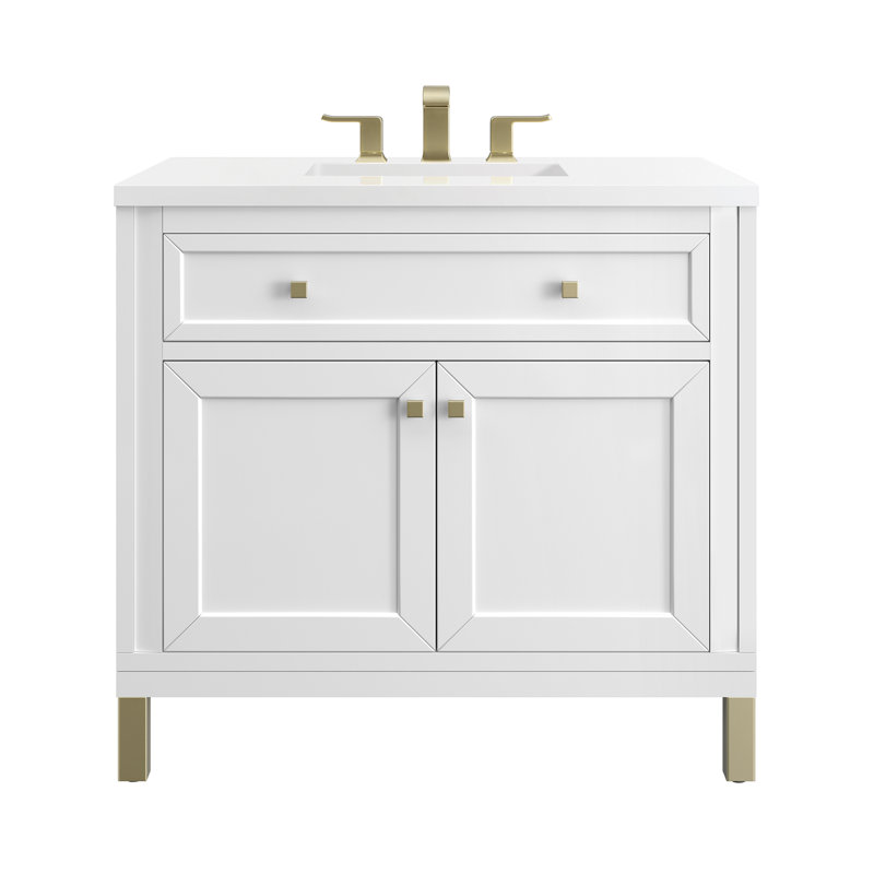Chicago 36' W Single Vanity, White Zeus Quartz, Glossy White, 8" Widespread