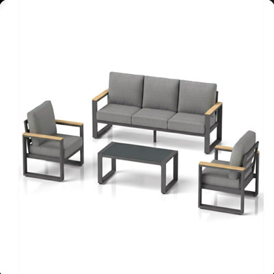 All-Weather 4-Piece  Aluminum Patio Furniture Set, 5-Seat Conversation Sofa With 10 Inches Extra Thick Back Cushions And Glass Table