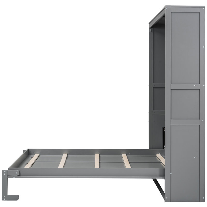 Grand lit mural gris avec tablettes spacieuses, support de matelas pour un repos confortable, rangement à deux couches de qualité industrielle, chambres d'amis idéales et mécanisme de pliage facile à utiliser