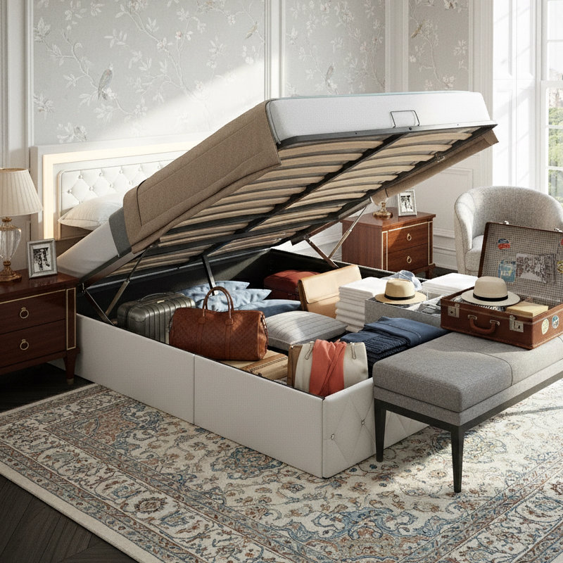 Velvet Ottoman Bed With LED Headboard, Glam Upholstered Storage Frame With Crystal Tufting, Black & Beige, Beige