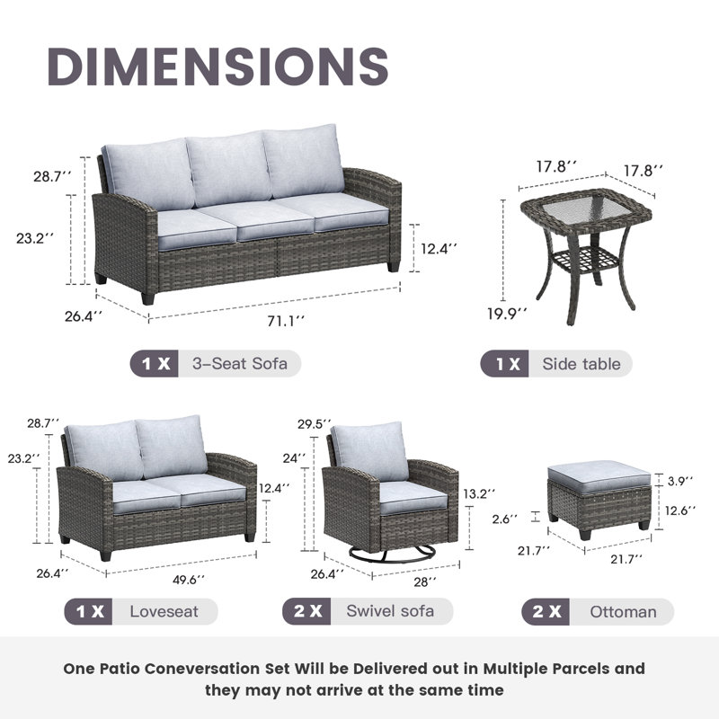 Ensemble de conversation 7 pièces avec coussins 7 pièces, Cadre gris / coussin gris