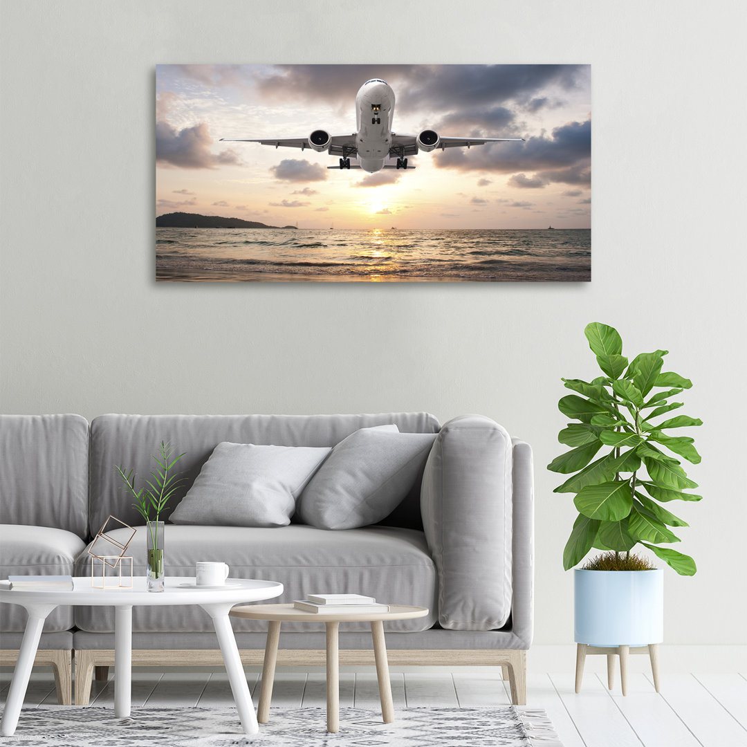 Leinwanddruck - Wandkunst - Drucke auf Leinwand - 100X50 Bildmotiv: Flugzeug am Meer