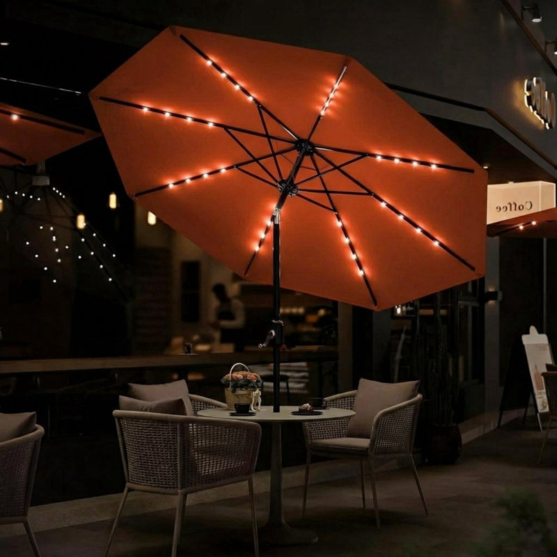 Parasol de marché 9 pi avec 8 manivelles et éclairage solaire à DEL avec manivelle et inclinaison, Orange