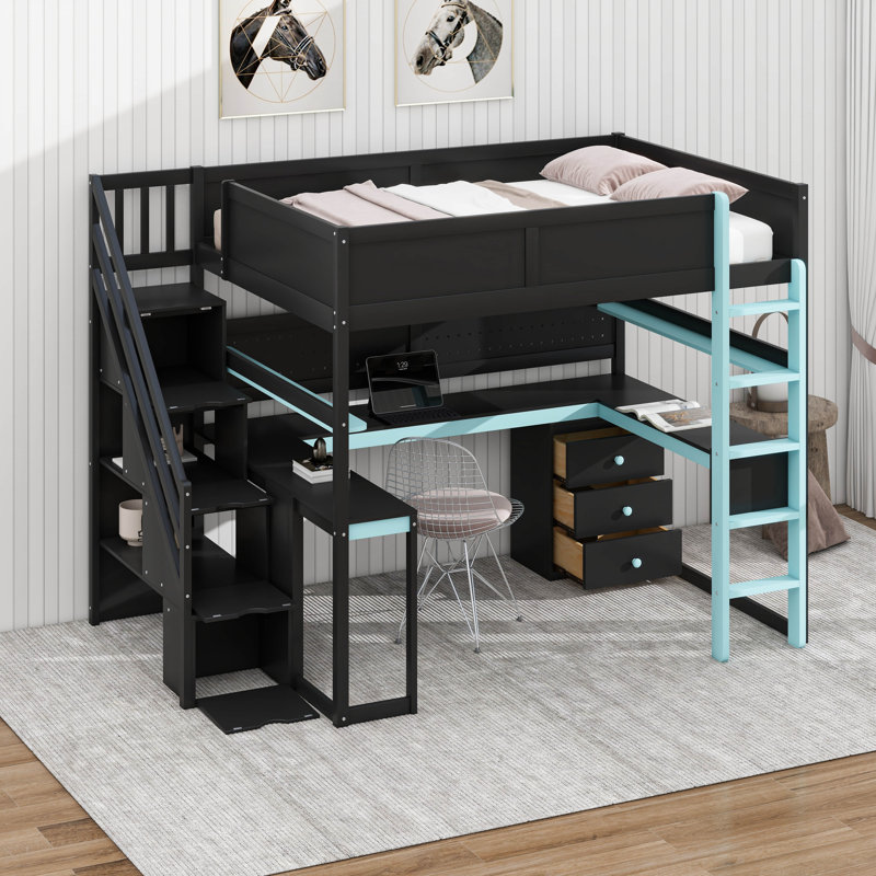 Lit mezzanine avec bureau Gaming, cadre de lit de rangement en bois avec escalier de rangement, panneau perforé, tablettes et tiroirs, lit de jeu multifonctionnel